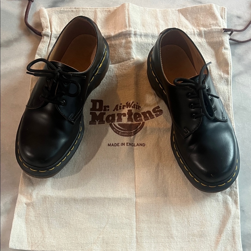Dr. Martens Black Leather 3-Eye Derby Shoes with Yellow Stitching and dust bag